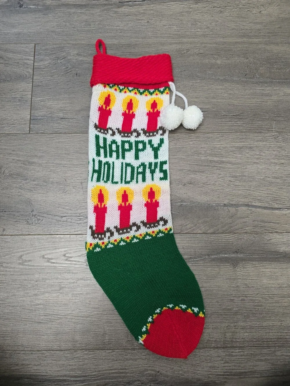 80's Knit Stocking Happy Holidays Bright Candles Vintage Decor Christmas